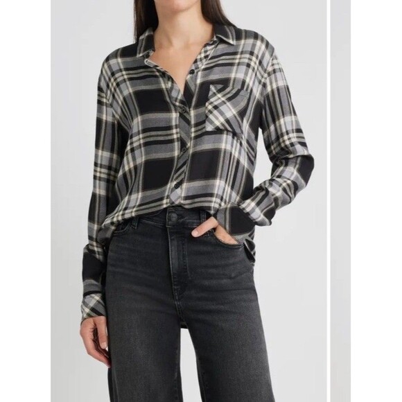 Rails Womens Hunter Plaid Button Down Shirt Black Ivory Flannel Rayon NWT SMALL - Picture 1 of 8